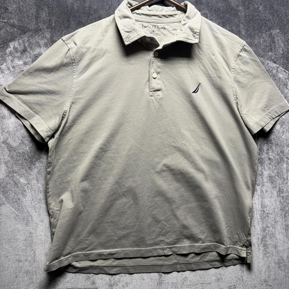 Nautica Polo Shirt Mens L Gray Short Sleeve Cotton Knit Sail Logo - Picture 1 of 10